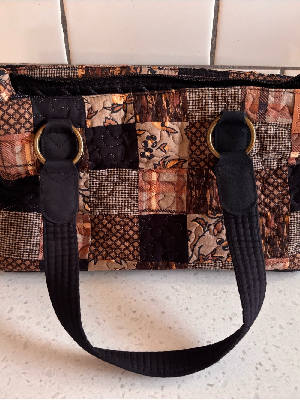 Patchwork Quilted Tote Bag in Brown and Black